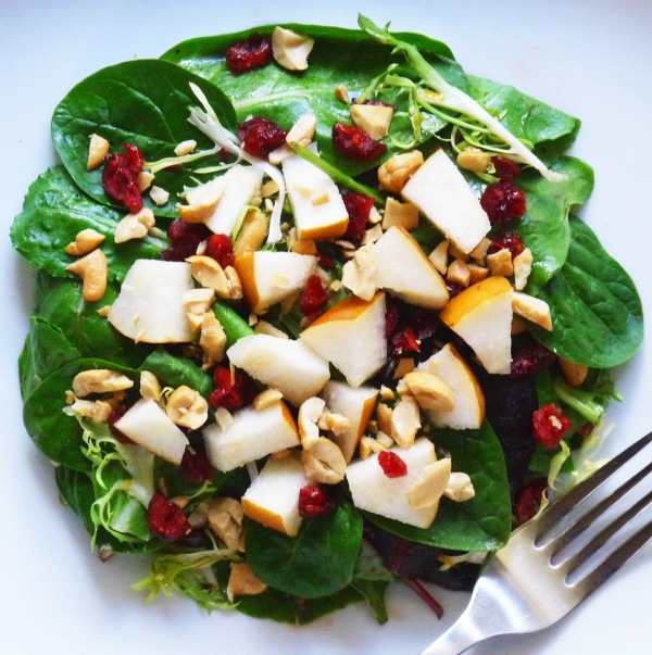 Mixed Greens with Bosc Pears, Cashews + Cranberries